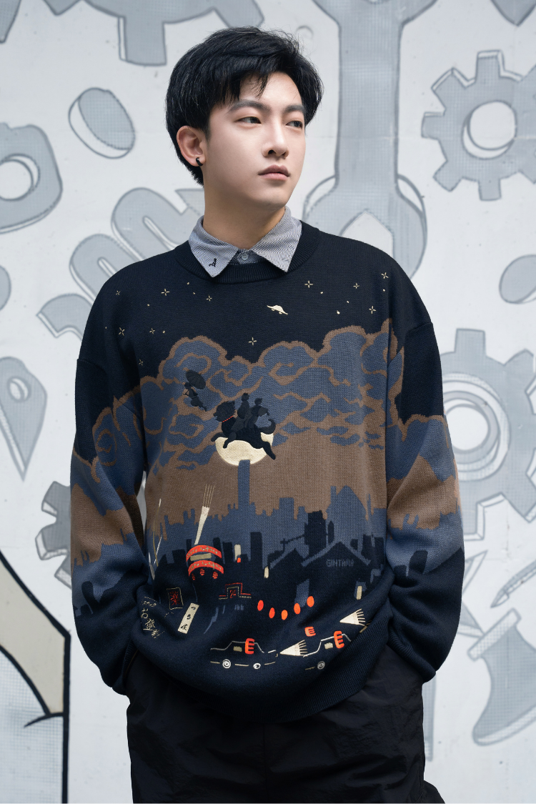 ha|za|ma ビタミン命のニット Gintama - The Roar of the Sleepless Kabuki-City Night Sky Sweater