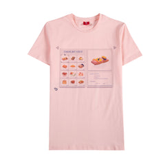 Pink shirt with picture of inventory of food and sweets. Sushi is selected with stats showing it has 10% of causing poison