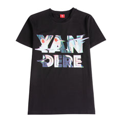 Black shirt that says "Yandere" (Yandere is a character, usually a girl, who fits the archetype of being genuinely kind, loving, or gentle, as well as obsessed with their love interest, sometimes demonstrating this through violent behavior) with a picture of a Yandere in the words.