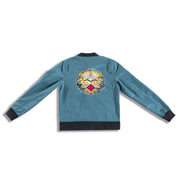 Turquoise blue bomber jacket, influenced by the Chinese Zodiac Tiger with yellow pattern inside. Also has the birth years of the tiger on the right sleeve with chinese character tiger on the left chest.
