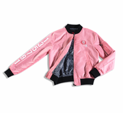 Pink Nylon bomber jacket, influenced by the Chinese Zodiac Pig with zipper on the left sleeve and the monkey birth year on the right sleeve.  Has the pig characteristic on the left chest with black and white design inside the jacket. Back of the Jacket is an embroidery of the pig with inside pocket on the left side.