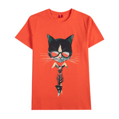 Orange shirt with cute cat wearing sunglasses, wearing a fish-bone tie. 