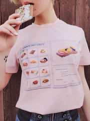 Pink shirt with picture of inventory of food and sweets. Sushi is selected with stats showing it has 10% of causing poison