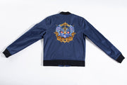 Dark blue bomber jacket influenced by the Chinese Zodiac Rat with a zipper on the left sleeve and the rat birth year on the right sleeve. Has the rat characteristic on the left chest with red and black pattern inside the jacket. Back of the Jacket is an embroidery of the Rat. Inside pocket on the left side.