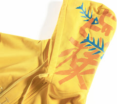 yellow hoodie with fishbones on the hood 