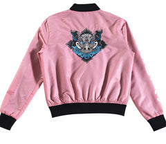 Pink Nylon bomber jacket, influenced by the Chinese Zodiac Pig with zipper on the left sleeve and the monkey birth year on the right sleeve.  Has the pig characteristic on the left chest with black and white design inside the jacket. Back of the Jacket is an embroidery of the pig with inside pocket on the left side.