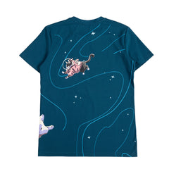 Dark blue shirt with 10 space corgis flying around space with a space cat in a corgi onsie in the back of the shirt