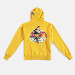 Yellow zipper hoodie with cat original badass cat design wearing kitsune mask carrying a fish in it's mouth