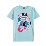 Cyan color shirt, design inspired by the Otaku culture in Japan. Girl with cyan hair in her room playing games and watching anime in a messy room surrounded by clothes, her computer monitor and a lot of takeout boxes.