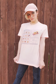 Pink shirt with picture of inventory of food and sweets. Sushi is selected with stats showing it has 10% of causing poison